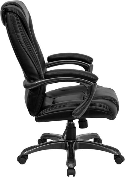 EMMA + OLIVER High Back Black LeatherSoft Layered Upholstered Executive Swivel Ergonomic Office Chair with Smoke Metal Base and Arms