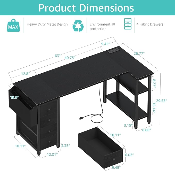 Lufeiya L Shaped Gaming Desk with Drawers & Storage Shelves, 63 Inch Corner Computer Desk with Power Outlet for Home Office Bedroom, L-Shaped Teen PC Desks with Fabric Drawer, Black