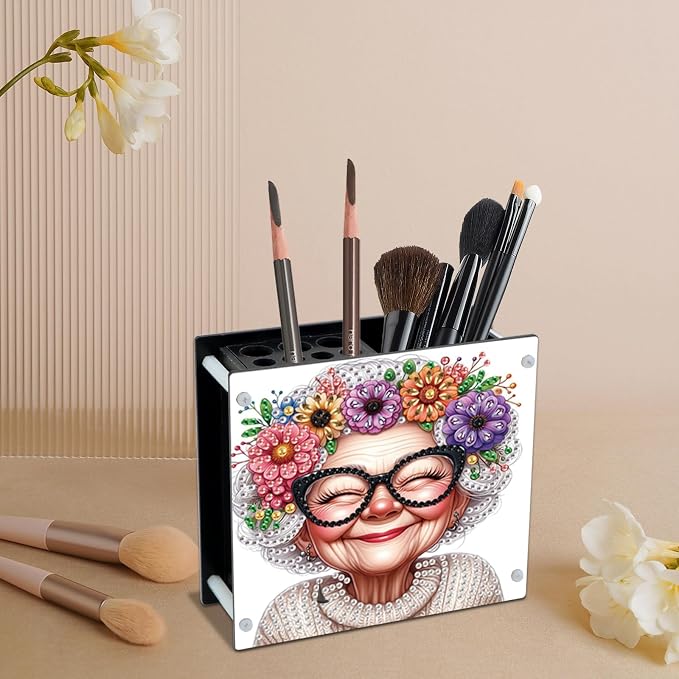 DIY Diamond Painting Kit，Cute Elderly Special Shape diamond painting pen holder, Acrylic Daily Office Desktop Decoration Storage Item