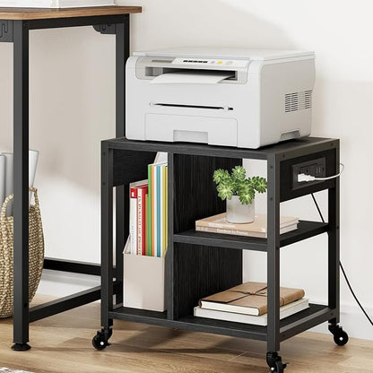 Garvee 3-Tier Printer Stand, Rolling Under Desk Printer Cart with Lockable Wheels, Industrial Mobile Printer Table with Power Outlets, USB Ports & Paper Storage Shelf for Home, Office, Retro Black