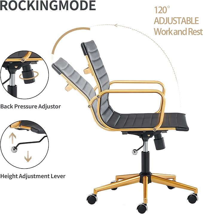 Black and Gold Office Chair with Arms, Faux Leather Ribbed Back, Adjustable Swivel Executive Chair for Home Office and Meeting Room
