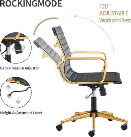 Black and Gold Office Chair with Arms, Faux Leather Ribbed Back, Adjustable Swivel Executive Chair for Home Office and Meeting Room