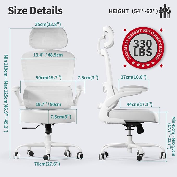 TRALT Office Chair Ergonomic Desk Chair, 330 LBS Home Mesh Office Desk Chairs with Wheels, Comfortable Gaming Chairs (White White)