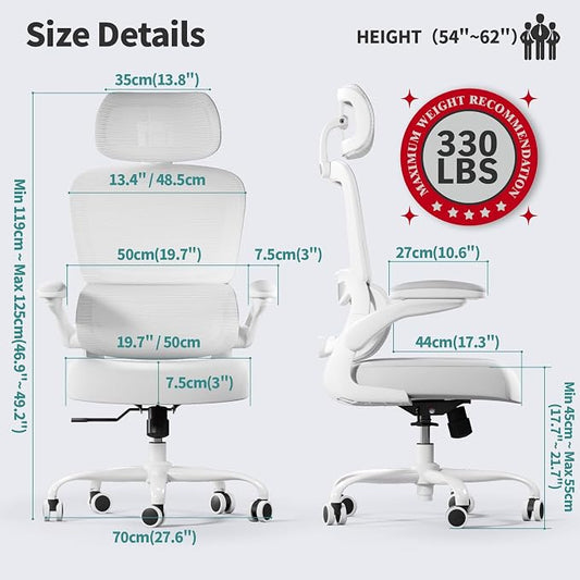 TRALT Office Chair Ergonomic Desk Chair, 330 LBS Home Mesh Office Desk Chairs with Wheels, Comfortable Gaming Chairs (White White)