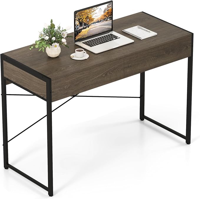 GOFLAME 44 Inch Computer Desk with 2 Drawers, Home Office Desk with Metal Frame, Small Study Writing Workstation with Storage, PC Laptop Table for Living Room, Bedroom, Study, Grey