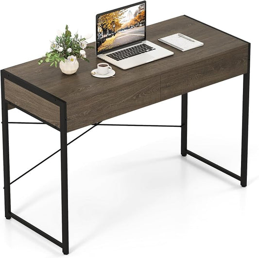 GOFLAME 44 Inch Computer Desk with 2 Drawers, Home Office Desk with Metal Frame, Small Study Writing Workstation with Storage, PC Laptop Table for Living Room, Bedroom, Study, Grey