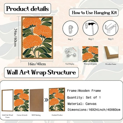 Framed Boho Floral Wall Art, Vintage Orange Flower Canvas Wall Decor Pictures, Mid Century Modern Abstract Botanical Paintings Prints Maximalist Home Decor for living Room Bedroom Office 16x24 inch