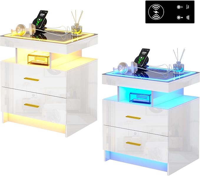 HNEBC Auto LED Nightstand Set of 2, White Night Stand with Charging Station & USB Ports, High Gloss Bedside Table has 2 Drawers,Modern End Side Table for Bedroom (White)