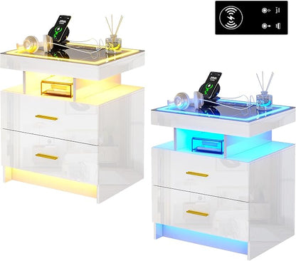 HNEBC Auto LED Nightstand Set of 2, White Night Stand with Charging Station & USB Ports, High Gloss Bedside Table has 2 Drawers,Modern End Side Table for Bedroom (White)