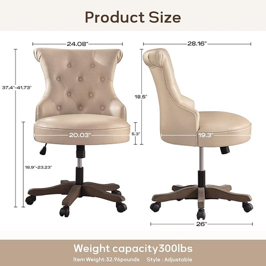 HUIMO Home Office Chair Upholstered PU Leather Armless Desk Chair with Wheels Adjustable Height Computer Desk Chair with Wooden Legs Comfortable Swivel Chair for Home Office Study Studio (Light Taupe)