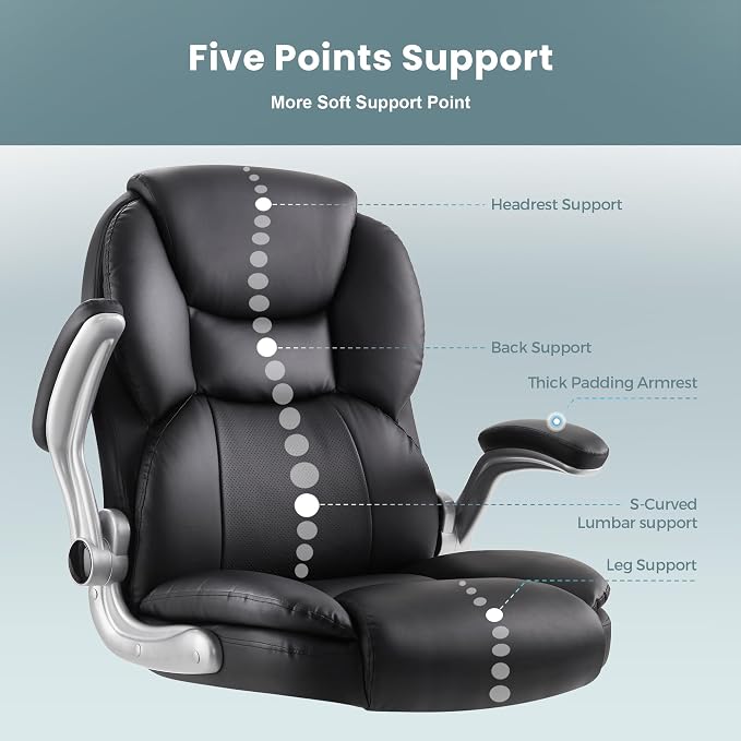 IWMH Executive Office Chair, Ergonomic Big and Tall Computer Desk Chair, High Back PU Leather Chair with Padded Flip-up Armrest, Lumbar Support Swivel Rolling Chairs Black