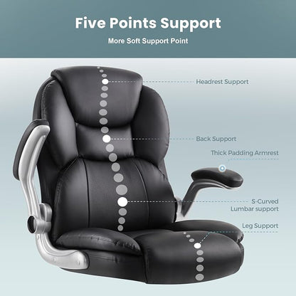 IWMH Executive Office Chair, Ergonomic Big and Tall Computer Desk Chair, High Back PU Leather Chair with Padded Flip-up Armrest, Lumbar Support Swivel Rolling Chairs Black