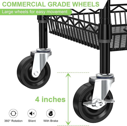 1050Lbs Heavy Duty Utility Cart with Wheels 3 Tier Rolling Metal Cart, Commercial Grade Storage Cart with Handle Bar & Shelf Liner, Trolley Wire Serving Cart for Garage, Kitchen, Restaurant