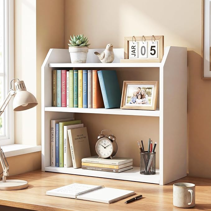Tangkula 3-Tier Desktop Bookshelf, Wooden Countertop Bookcase with Guardrails, Space-Saving Desk Display Hutch Shelf, Modern Tabletop Storage Organizer for Study Room, Office and Dormitory (2,White)