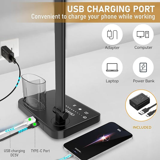 Dimmable LED Desk Lamp with USB Charging Port Bright 50 Lighting Modes | Dual Swing Arm Architect Table Lamp Light for Home Office Dorm Piano Nail