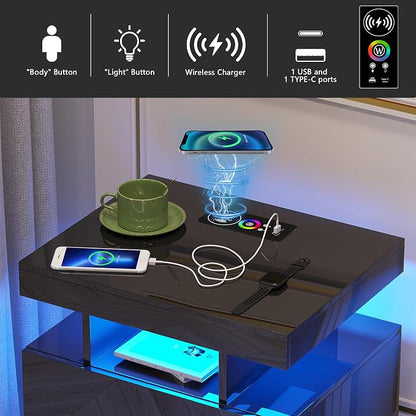 HNEBC Auto LED Nightstand with Wireless Charging Station & USB Ports,High Gloss Bedside Tables with 2 Drawers,Floating Nightstand with 3 Color & Adjustable Brightness for Bedroom,Black