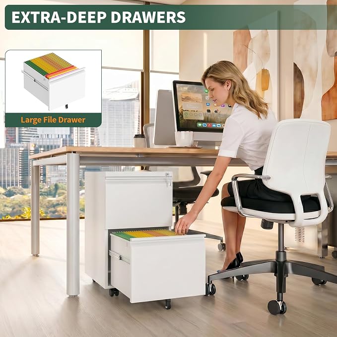 2 Drawer File Cabinet with Lock,Under Desk Filing Cabinet for Home Office Storage Letter/Legal/A4,Mobile Steel Cabinets with Wheels,Fully Assembled,White