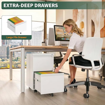 2 Drawer File Cabinet with Lock,Under Desk Filing Cabinet for Home Office Storage Letter/Legal/A4,Mobile Steel Cabinets with Wheels,Fully Assembled,White