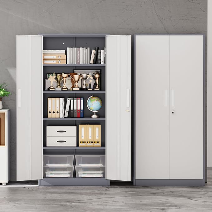 INTERGREAT Storage Cabinet with Doors and Shelves, Metal Garage Storage Cabinets with Lock, Black Lockable Steel Supply Cabinet for Home Office, Warehouse (Grey White)