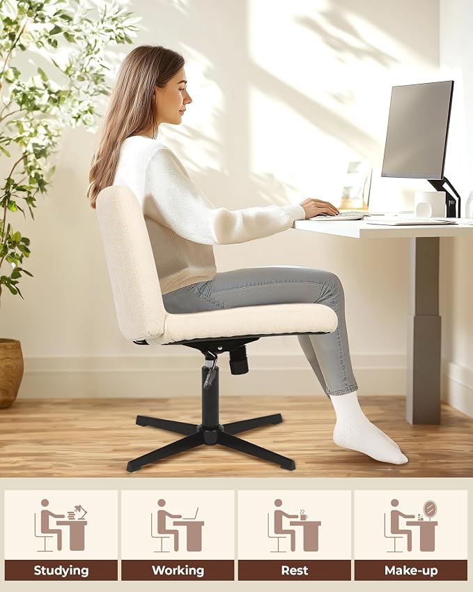 NEO Chair Criss Cross Chair No Wheels, Armless Cross Legged Office Desk Chair, Vanity Makeup Fabric Computer Comfy Adjustable Swivel Ergonomic Living Bedroom for Home Office (Fabric Beige)