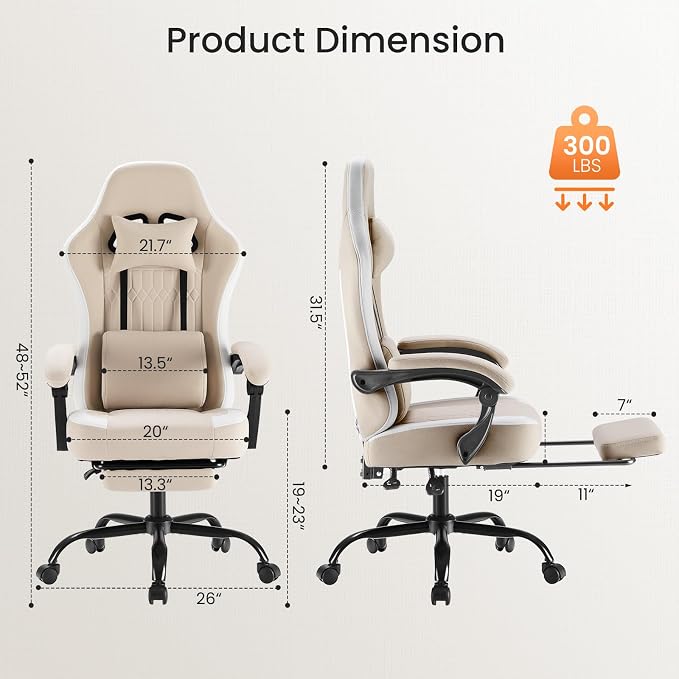 Sweetcrispy Computer Gaming Chair: High Back Ergonomic Desk Chair with Footrest and Lumbar Support, Height Adjustable with Linkage Armrests and Headrest, 360°Wheels, Fabric, Khaki