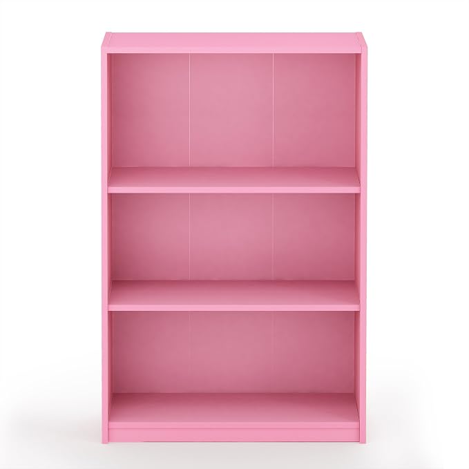 Furinno JAYA Book Shelf, 3-Tier Bookshelf, Bookcase with Adjustable Shelves, 9.5 x 24.5 x 40.3, for Organization and Storage, for Living Room, Bedroom, Home Office, Pink