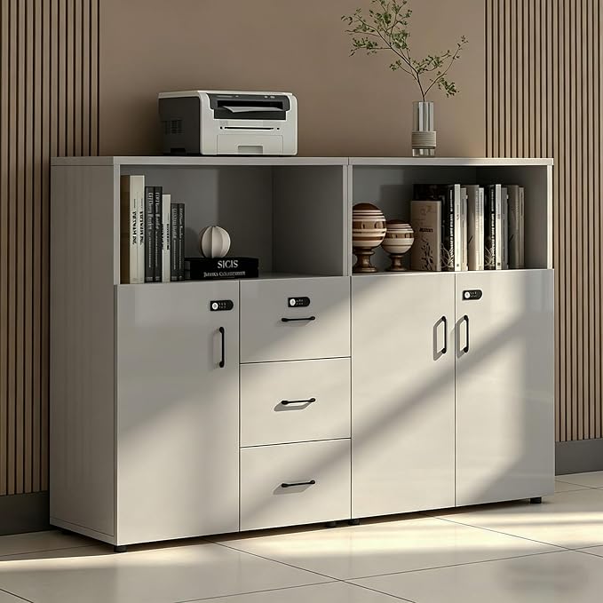 File Cabinet with Password Lock, Wood Lateral Filing Cabinet for Letter/A4 Files, 3 Drawer with Door, Printer Stand with Open Shelves for Home Office
