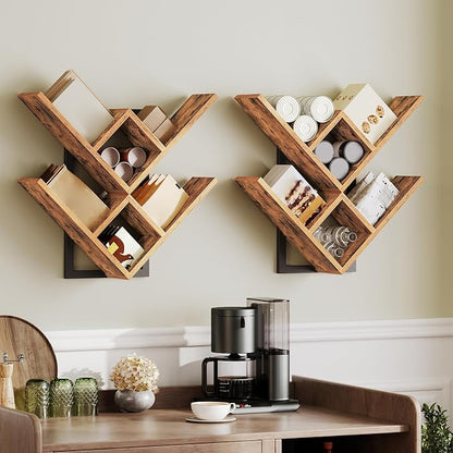 HOOBRO Floating Shelves for Wall, Set of 2 Wall Mounted Shelves, 2-Tier Wooden Tree Bookshelf, Hanging Shelves Storage Rack, for Living Room, Kitchen, Office, Rustic Brown and Black BF54BJP201