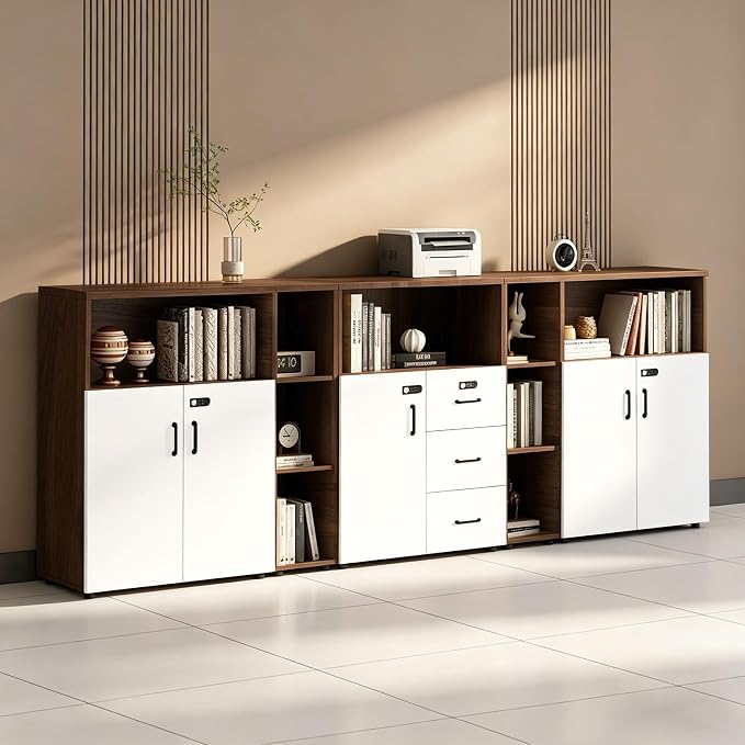 File Cabinet with Password Lock, Wood Lateral Filing Cabinet for Letter/A4 Files, 3 Drawer with Door, Printer Stand with Open Shelves for Home Office