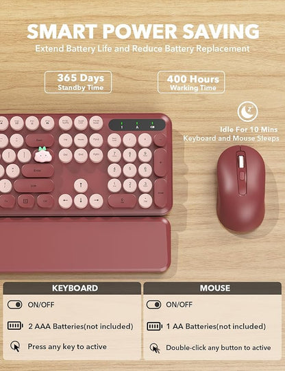 Wireless Keyboard and Mouse Combo - Cute Typewriter Keyboard with Detachable Wrist Rest, Retro Round Keycaps, Foldable Legs, 2.4GHz Full-Size Keyboard for PC, Laptop, Windows - Trueque (Wine Red)