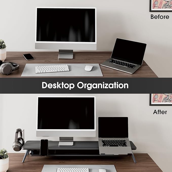 Fenge Dual Monitor Stand, Monitor Riser for 2 Monitors with Adjustable Laptop Riser , 42.5 Inch Desk Shelf for Top of Desk with Phone Holder& Headphone Stand