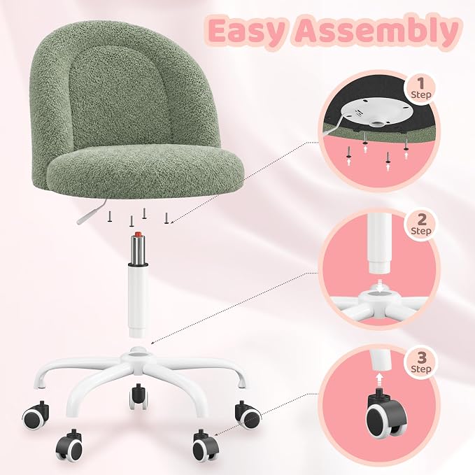 DurayLoly Armless Vanity Chair with Wheels, Ultra-Soft Teddy Fleece, Adjustable Height & 360°Swivel, Rolling Desk Chair for Bedroom, Dorm & Vanity Table, Ideal for Teens & Adults, Sage Green