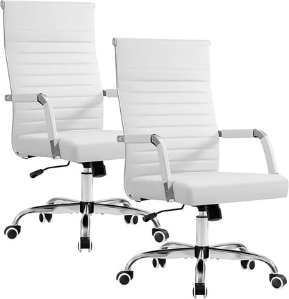Furmax Ergonomic Office Desk Chair, Executive Ribbed Mid-Back PU Leather Conference Room Chair Adjustable Swivel Chair with Arms (2, White)
