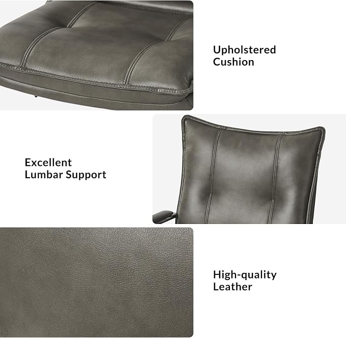 HULALA HOME Faux Leather Home Office Desk Chair, Adjustable Swivel Computer Chair with Sliver Legs and Arms, Comfy Upholstered Task Chair(Grey)