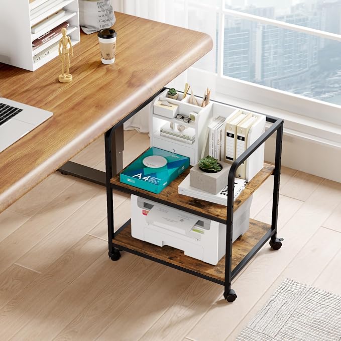 21"x15.8" Large Printer Stand with Storage, 2-Tier Under Desk Printer Table, Rolling Printer Cart with Lockable Wheels for Home, Office (Brown)