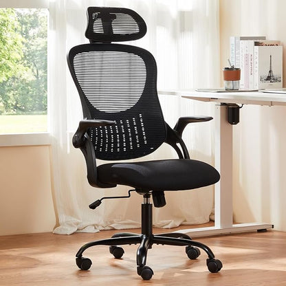 Ergonomic Office Chair, Comfy Desk Chair with Wheels, Adjustable Headrests, Flip-Up Armrests, Breathable Mesh High-Back, Comfortable Swivel Seating for Home Computer, Black