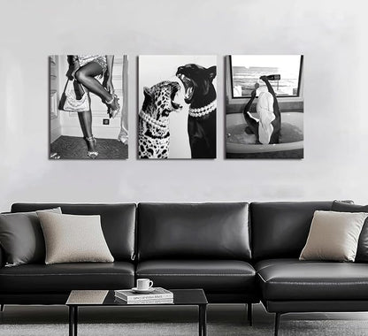 Bathroom Fashion Leopard Print Black and White Canvas Wall Art Trendy Women Posters Paintings Luxury Feminist Pictures Wall Decor for Bedroom Living Room Hallway Home Decoration 16x24 In Framed
