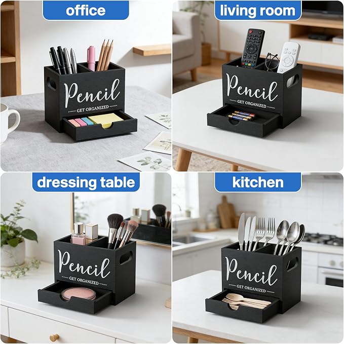 Pencil Pen Holder for Desk, Wooden Marker Holder with Drawer, 2 Slots Dual-Purpose Desk Organizers Art Supplies for Home, Office (Black)
