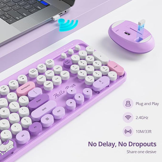 GTSP Typewriter Purple Keyboard and Mouse Wireless, Cute Keyboard 2.4G Office Full-Size Retro with Round Keycaps for Laptop PC Desktops（Purple）