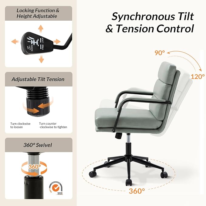 HULALA HOME Modern Faux Leather Home Office Chair with Tilt Lock & Metal Base, Desk Chair with Wheels & Padded Cushion, 360° Swivel Wide Seat Computer Task Chair, Sage