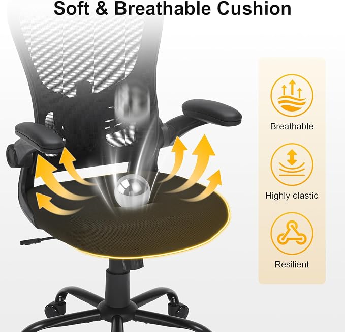 Ergonomic Mesh Office Chair with Adjustable Lumbar Support, Flip-Up Arms & Rolling Swivel Base, Breathable Computer Desk Chair for Home Office, Study & Remote Work, Black