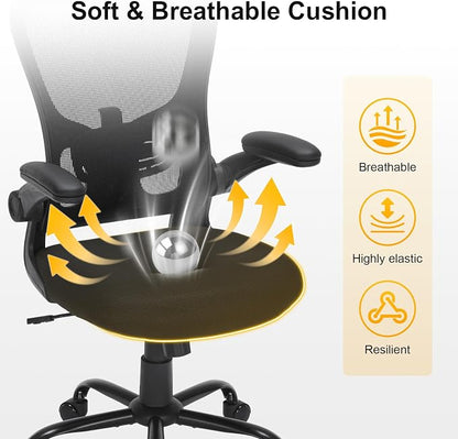 Ergonomic Mesh Office Chair with Adjustable Lumbar Support, Flip-Up Arms & Rolling Swivel Base, Breathable Computer Desk Chair for Home Office, Study & Remote Work, Black