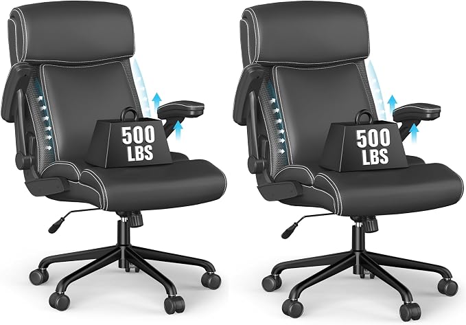 ralex-chair 2Pack Executive Office Chair, Big and Tall, 500lbs Capacity, Ergonomic, High Back, Leather, Flip-up Armrests, Adjustable Height