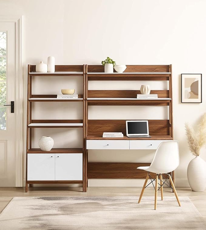 Modway 2-Piece Home Office Desk and Bookshelf Display Case in Walnut White