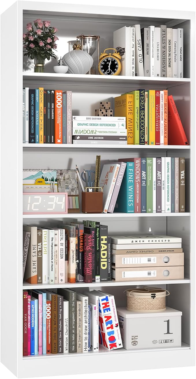 OSEILLC Bookcase,5 Tier White Bookshelves,55" Tall Free Standing Metal Bookcase with Adjustable Storage Shelves, Wide Bookshelf for Bedroom Living Room Home Office School (White)
