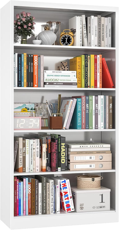 OSEILLC Bookcase,5 Tier White Bookshelves,55" Tall Free Standing Metal Bookcase with Adjustable Storage Shelves, Wide Bookshelf for Bedroom Living Room Home Office School (White)