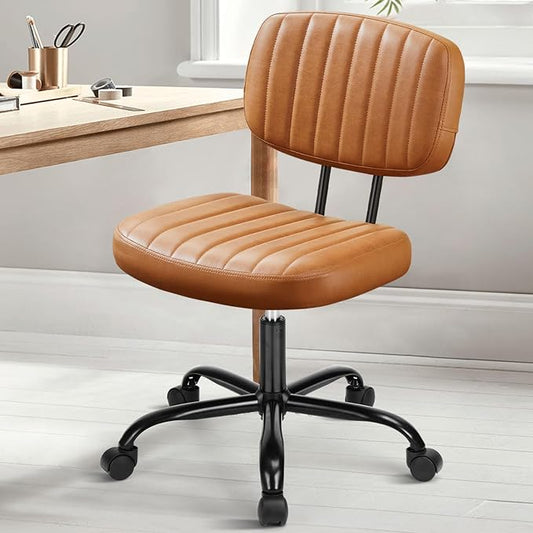 DUMOS Armless Home Office Chair: Small Desk Chair with Low Back Lumbar Support, Height Adjustable PU Leather Computer Task with 360° Swivel Wheels, for Adults, Brown
