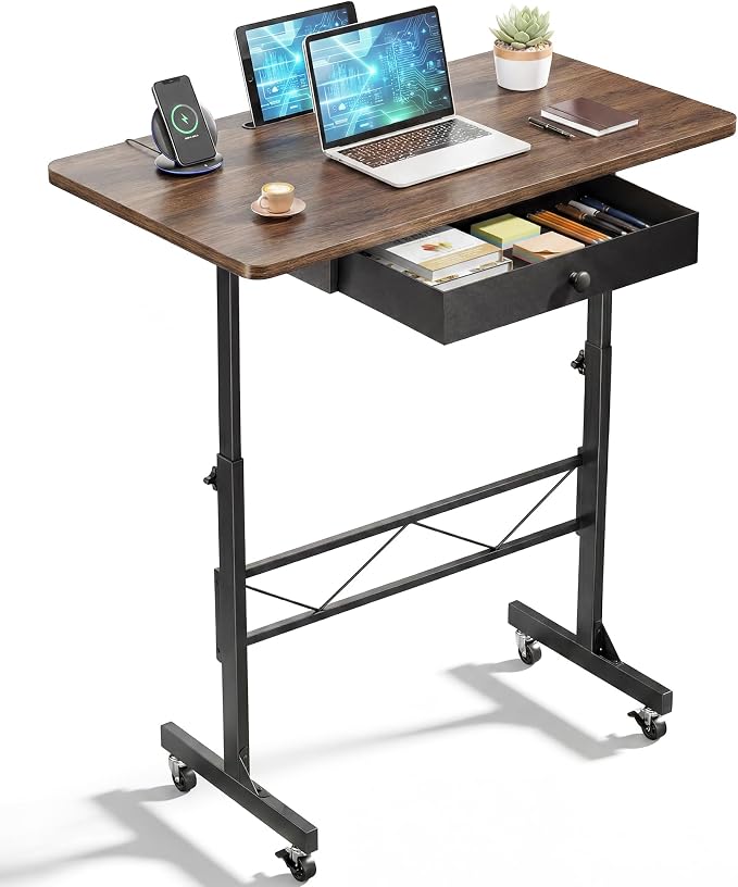 COMHOMA Small Standing Desk with Storage Drawer, Mobile Height Adjustable Rolling Sit Stand Desk with Lockable Wheels 4‑Level Portable Laptop Desk for Small Space Home Office Treadmill Workstation