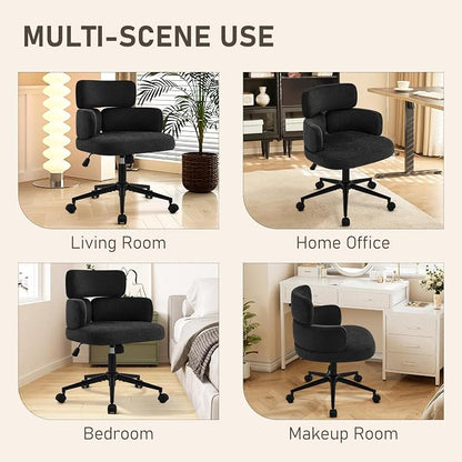 Modern Upholstered Office Chair with Wheels, Adjustable Height Swivel Desk Chair with Arms, Comfy Fabric Task Chair for Home Office, Bedroom, Study Room, Rolling Base,Black