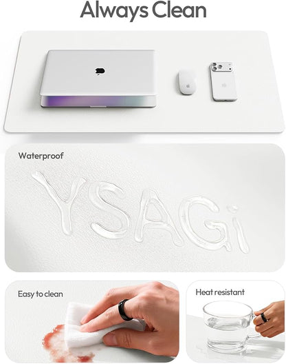 YSAGi Leather Desk Protector, Office Mat, Large Mouse Mat, Non-Slip PU Leather Blotter, Laptop Desk, Waterproof Writing Pad for Office and Home (White, 23.6" x 13.8")